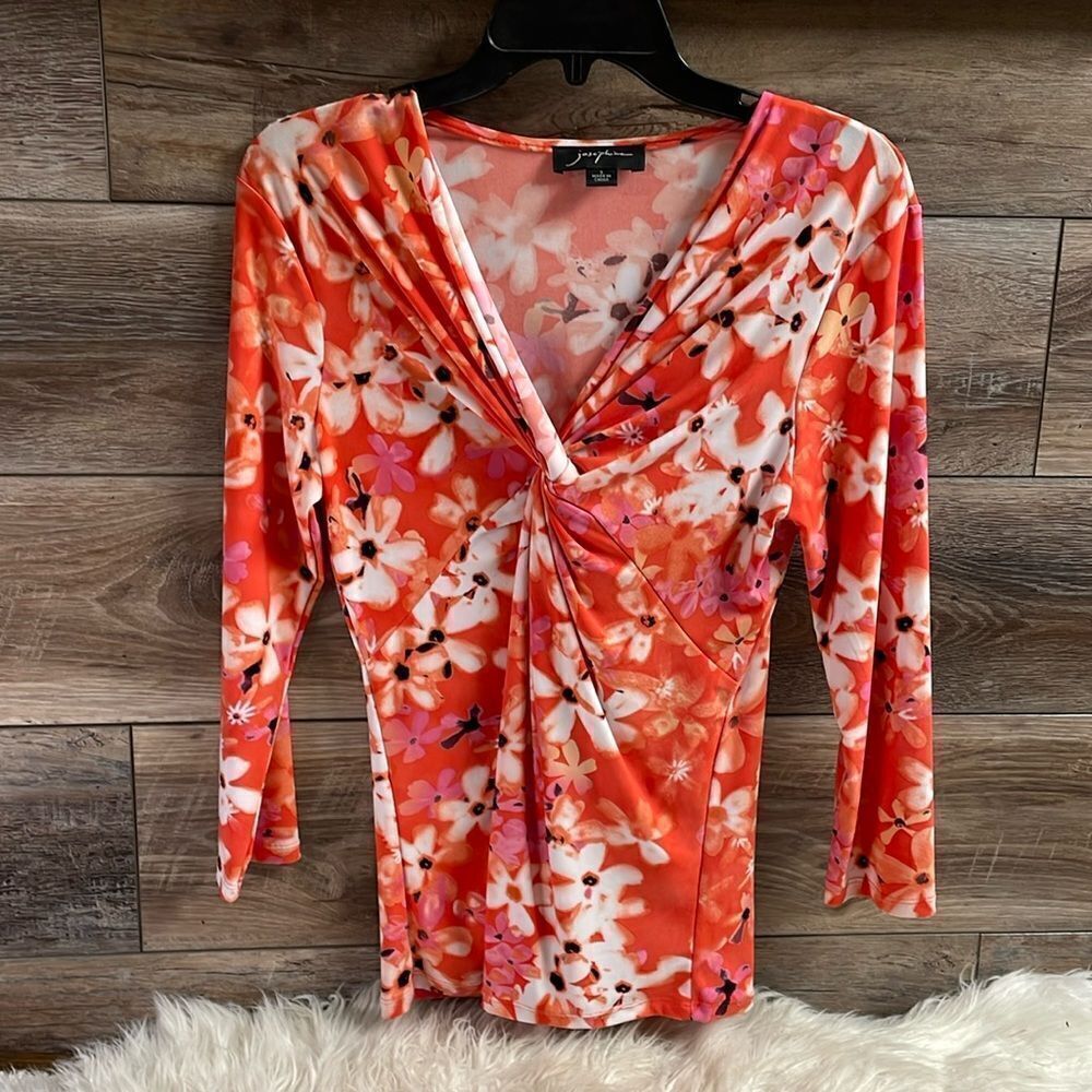 Josephine Ladies Floral Top, Size Small, Orange and White